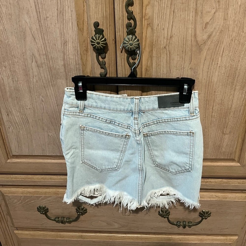 Carmar Mash Super Shred Colin Mini Skirt. Distressed Blue Denim, Size 26/2 - Picture 9 of 9